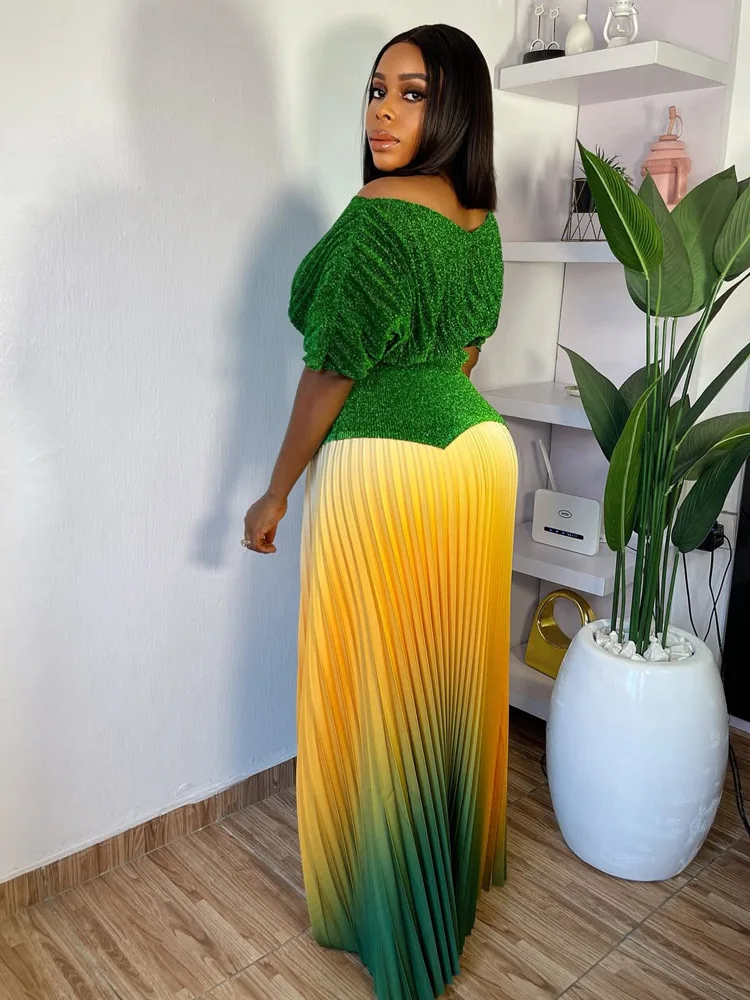 2026 New Plus Size Women's Clothing Glittery Pleated Two-Piece Set: Top with Gradient Sun Pleated Skirt