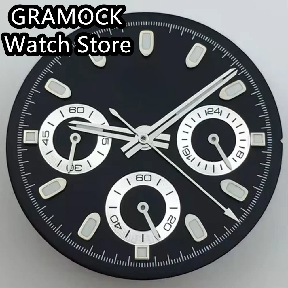 GRAMOCK 30mm VK63 Quartz Watch Dial Black White Blue Dial With Hands Set Green Luminous Fit VK63 Quartz Movement