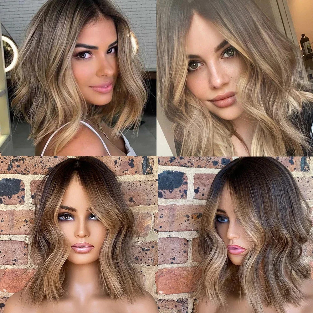 200 الكثافة تسليط الضوء على شقراء جزء مجاني قصير BobLong غلويليس موجة الدانتيل 5x5 قاعدة الحرير باروكة من شعر طبيعي للنساء BabyHair preplucked