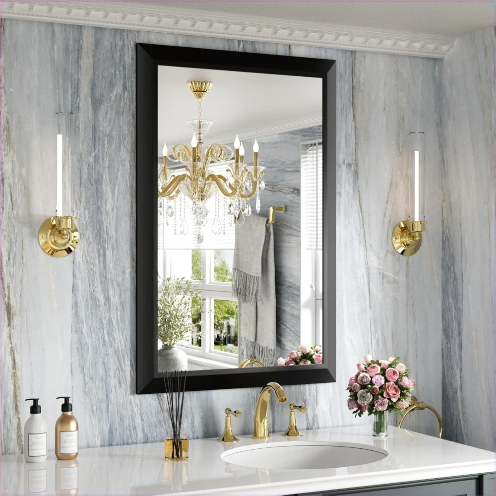 

Black Bathroom Mirror, 24x36 Inch Thick Metal Framed Wall Mirrors for Over, Bedroom, Living Room, Entryway,(Horizontal/Vertical)