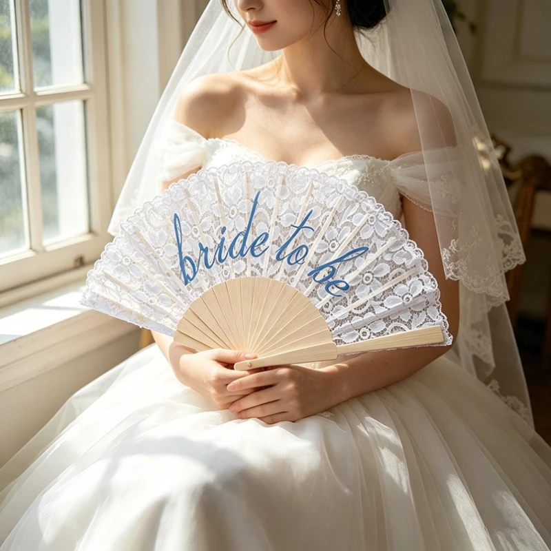 Bride To Be Lace Folding Fan Wedding Bridal Shower Bachelorette Party Handheld Keepsake Accessory White Ceremony