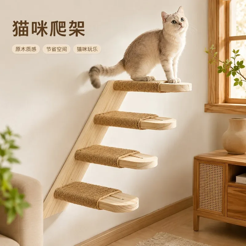 Wall‑mounted Solid Wood Cat Tree, Space‑Saving Wall Cat Climbing Post, DIY Complete Accessories Kit for Home Small Cat Frame