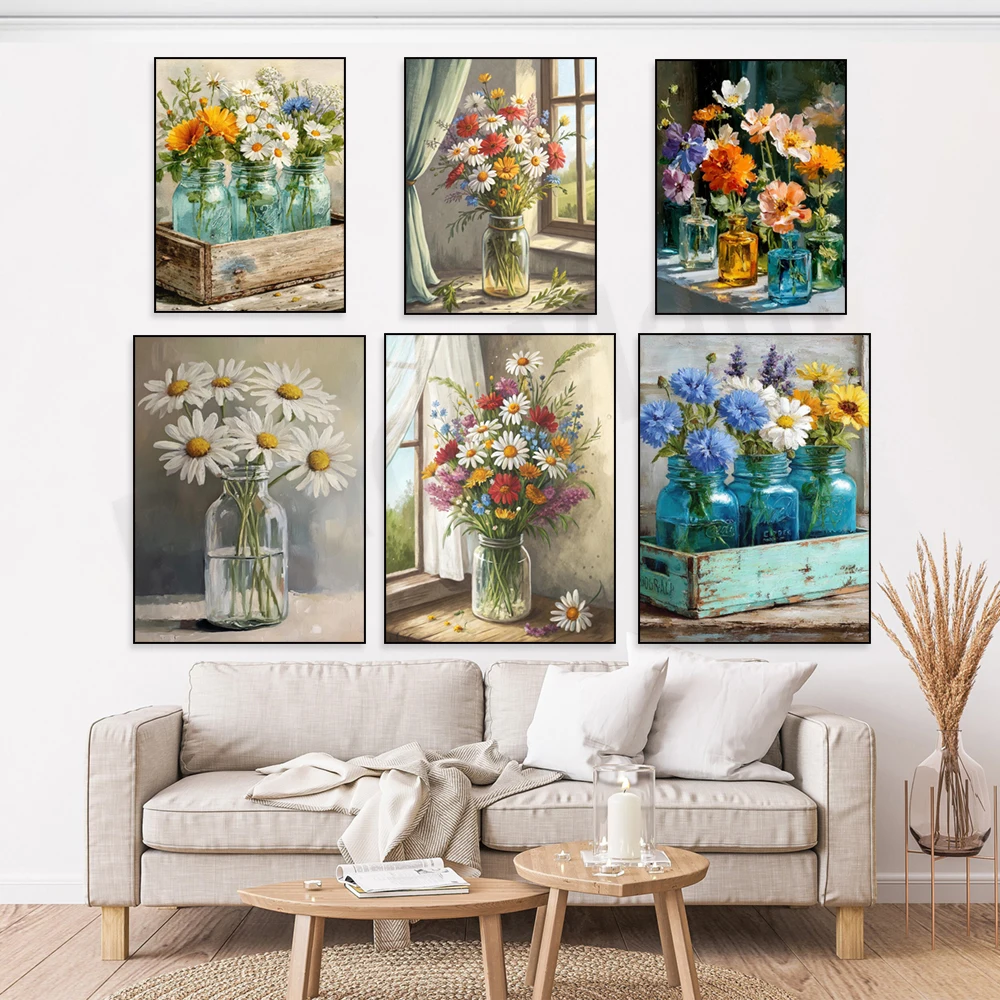 Vintage floral Mason jar art, whimsical spring flowers, farmhouse-style floral still life, chic pastoral decorative posters