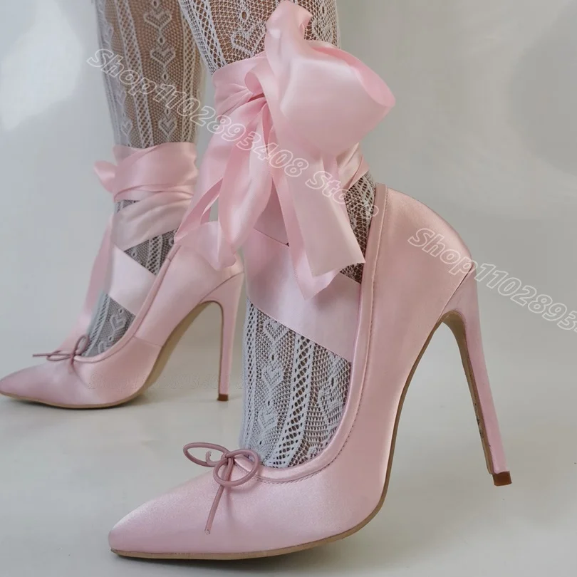 

Pink Bowknot Silk Ankle Strap Pumps Pointed Toe British Style Stiletto Heels Party Dress Design Women Shoes Zapatos Para Mujere