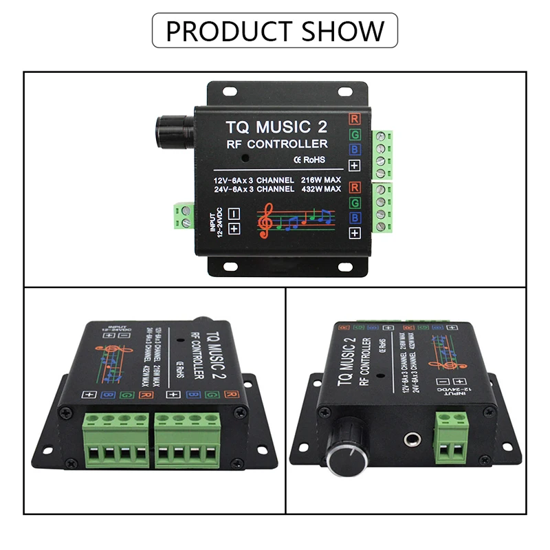 RGB Music Controller DC 12V 24V 2-way Output LED Audio Dimmer RF Wireless Remote Control for Dimming PWM Colorful Strip Lights