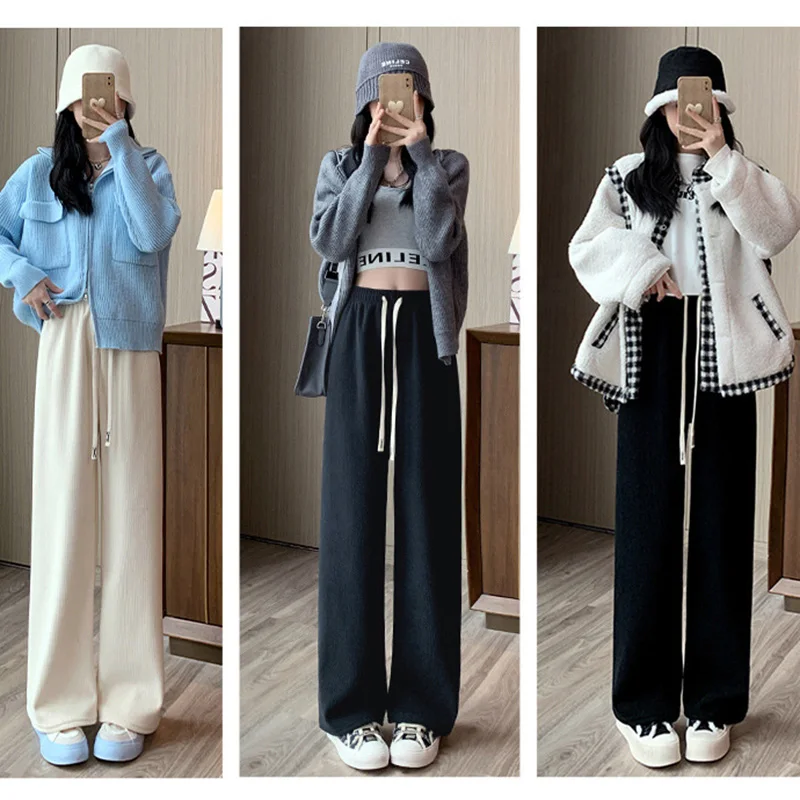 Winter Women Fleece Wide Leg Long Pants Thicken Warm Winter Stright Long Elastic Waist Trousers Casual Loose Female Botton Pants