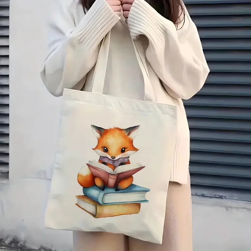 Watercolor Reading Fox Canvas Tote Bag Cute Bookish Animal Floral Splash Print Handbag For Book Lover Daily Casual Shopping Bag