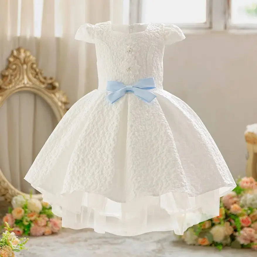 HETISO Lace Princess Dress for Girls White Flower Party Ball Gown Kids Fashion Evening Holiday Baby Dress Ages 4-7