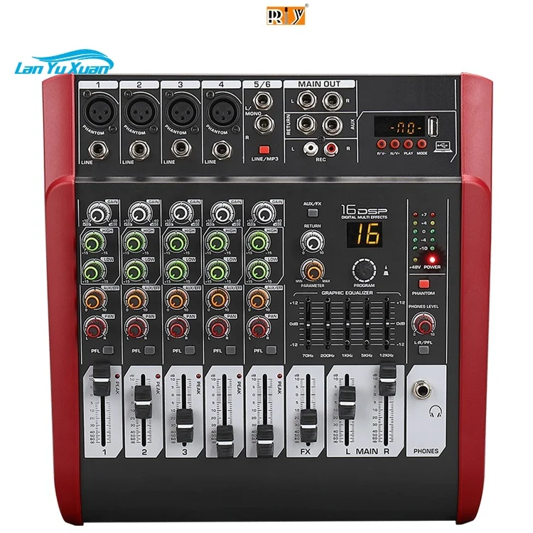

6D Professional Mixer Sound System Built in 16 DSP Effect 6 Channels Audio Mixer Power Amp Mixer