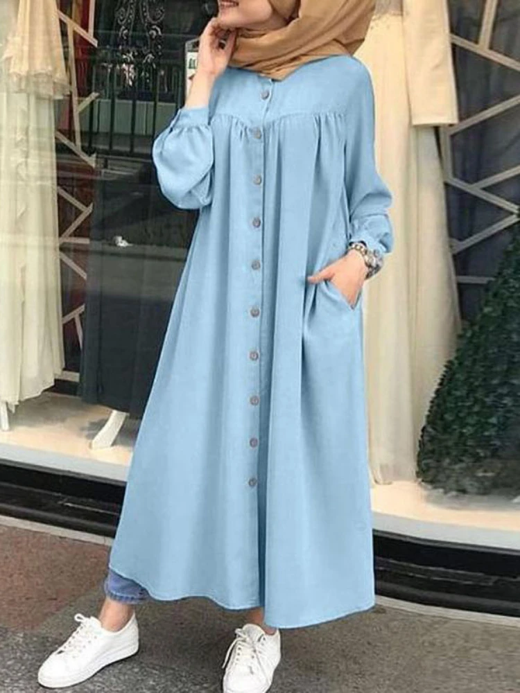 S-5XL Muslim Dress Women hijab Shirt Dress Long Sleeve Maxi Vestidos Female  Button Robe femme musulman High Wasit Solid Sundress
