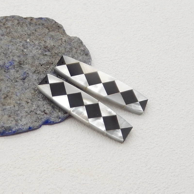 Natural Stone M.O.P And Obsidian Intarsia Gemstone Earrings Bead,Fashion Jewelry Earrings Accessories For Women 42x12x3mm,7g