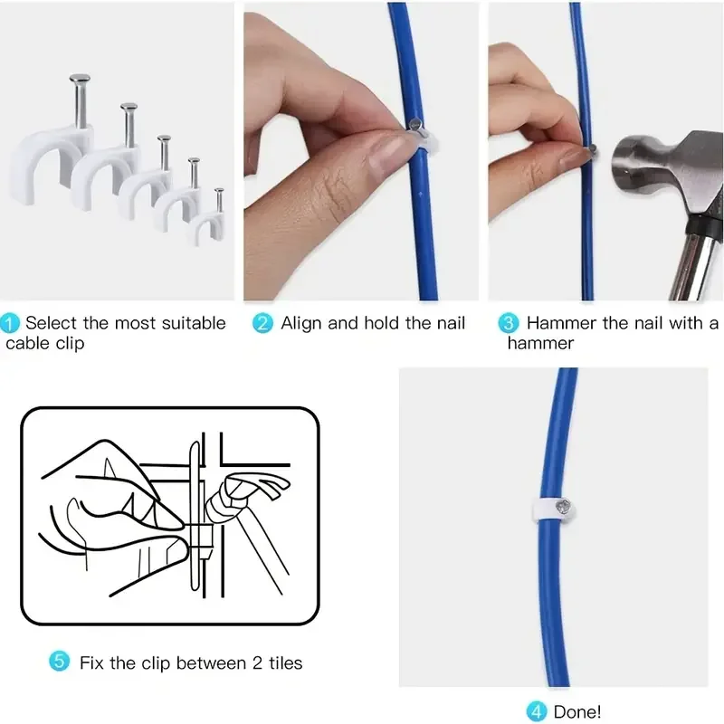 100Pcs Cable Clamp with Steel Nails Plastic Nylon Tie 6/10mm