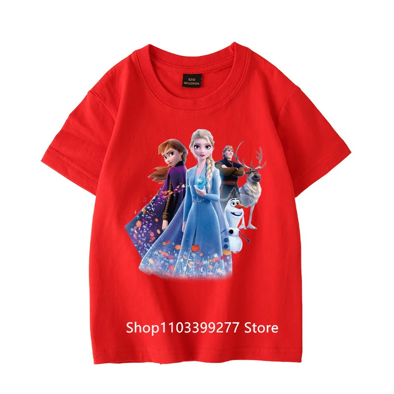 100% Cotton T-Shirt Cartoon Anime Frozen Elsa Summer Kids Casual Sweat Breathable Short Round Neck Child Short Sleeve T-Shirt