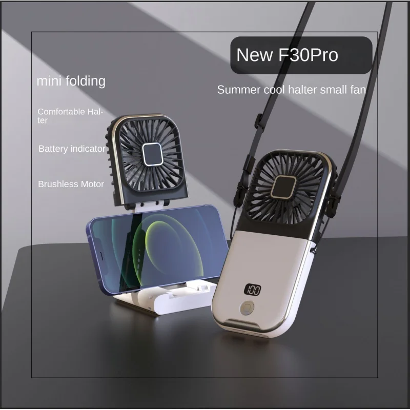 Foldable Hanging Neck Fan Charging Bank Mobile Phone Holder Muti-functions Angle Adjustable Desktop Handheld Portable Cool Gift