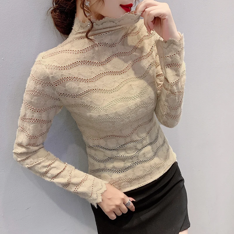 MadBlack European Clothing Tshirt Women Turtleneck Brushed Lace Slim Top Send Wrap Long Sleeve Tees Autumn Winter T37062JC