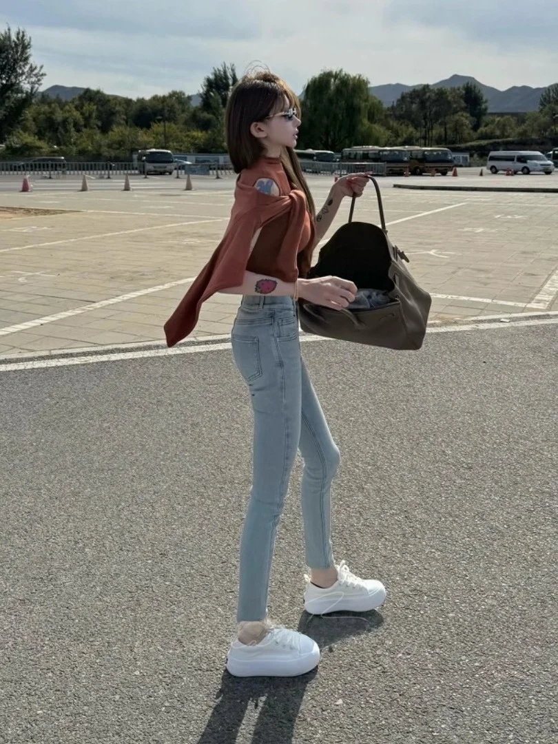 

High Waist Slim Fit Korean Sle Women's Jeans Bootcut Nine Points Pencil Pants Casual Cotton Stretch Fabric Double Button