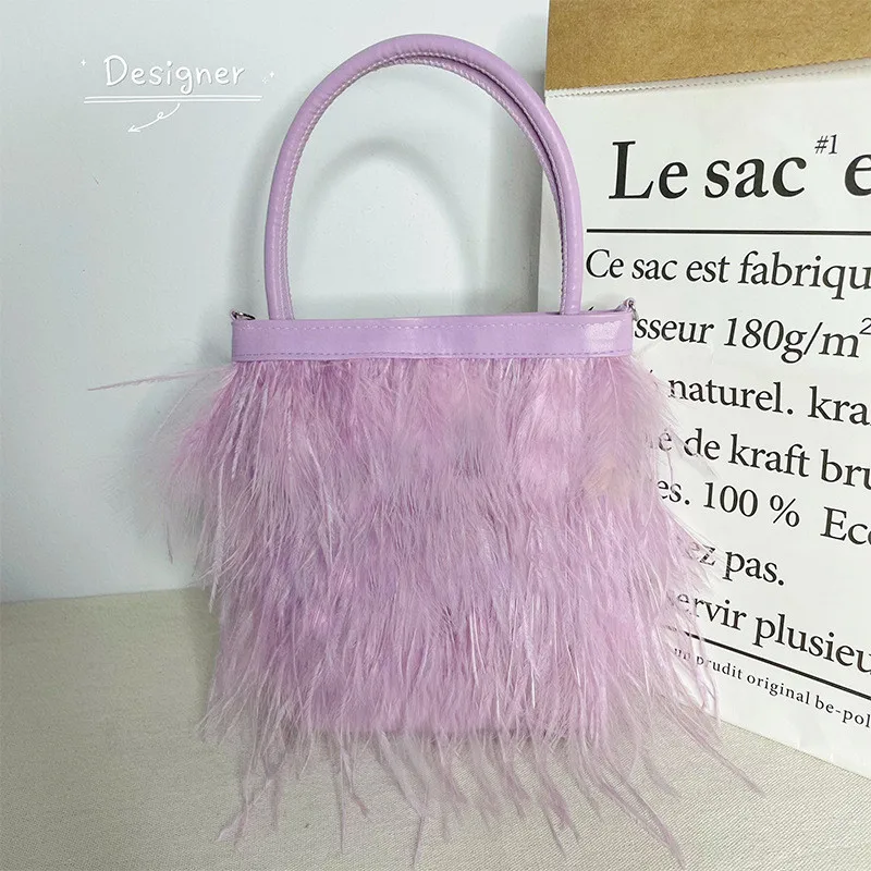 Luxury Designer White Pearl Chain Fur Bag Women Ostrich Fur Handbag Fur Messenger Bag
