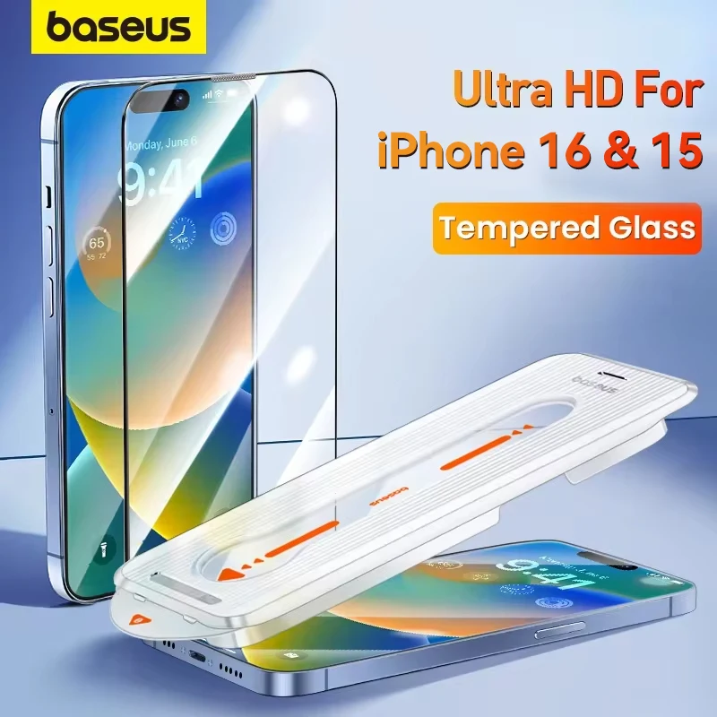 กระจกนิรภัย Baseus Ultra HD สําหรับ iPhone 16 15 Pro Max Plus ตัวป้องกันหน้าจอเพิ่มเครื่องมือติดตั้งป้องกันฝุ่นฟิล์มป้องกัน