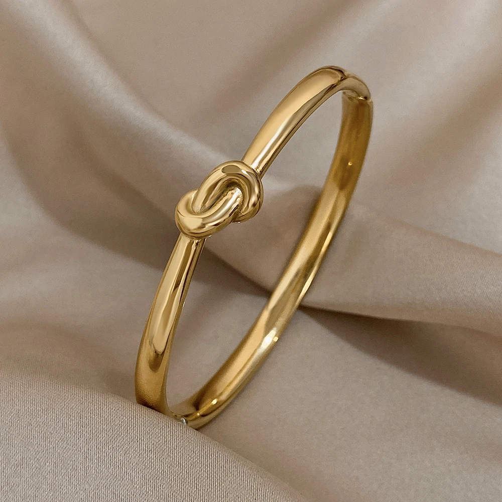 FLASHBUY Trendy Smooth Gold Color Twist Knot Stainless Steel Bangles Bracelets for Women New Simple Waterproof Jewelry