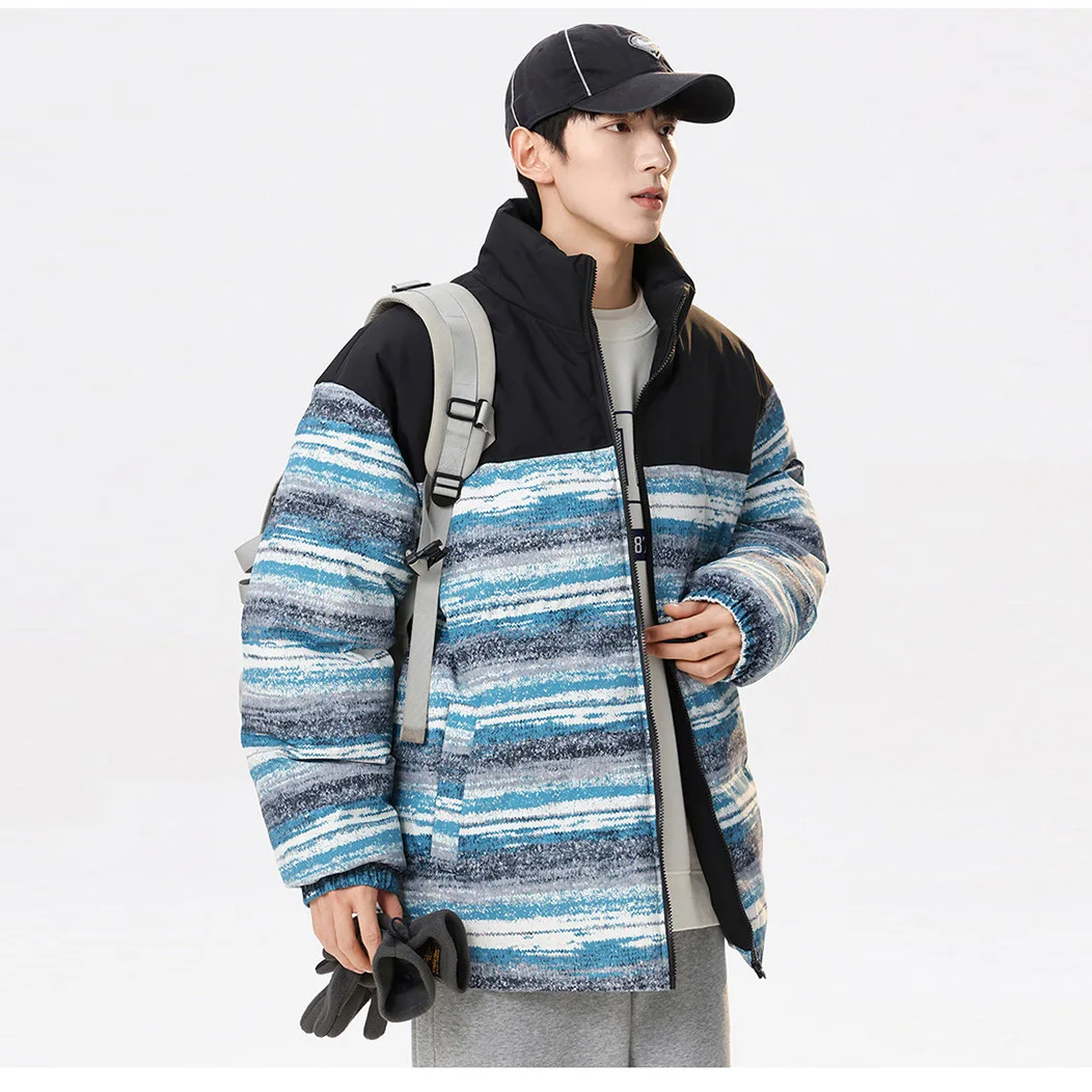 Men Coat Winter High Street Striped Patchwork Stand Collar Male Down Outerwear Loose Long Sleeve Zipper Cold-proof Man Jacket