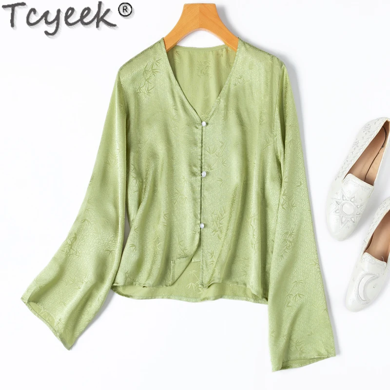 

Tcyeek 100% Mulberry Silk Women Shirt 2024 Spring Summer Clothes V-neck Sunscreen Clothing Elegant Women's Shirt Camisa Mujer