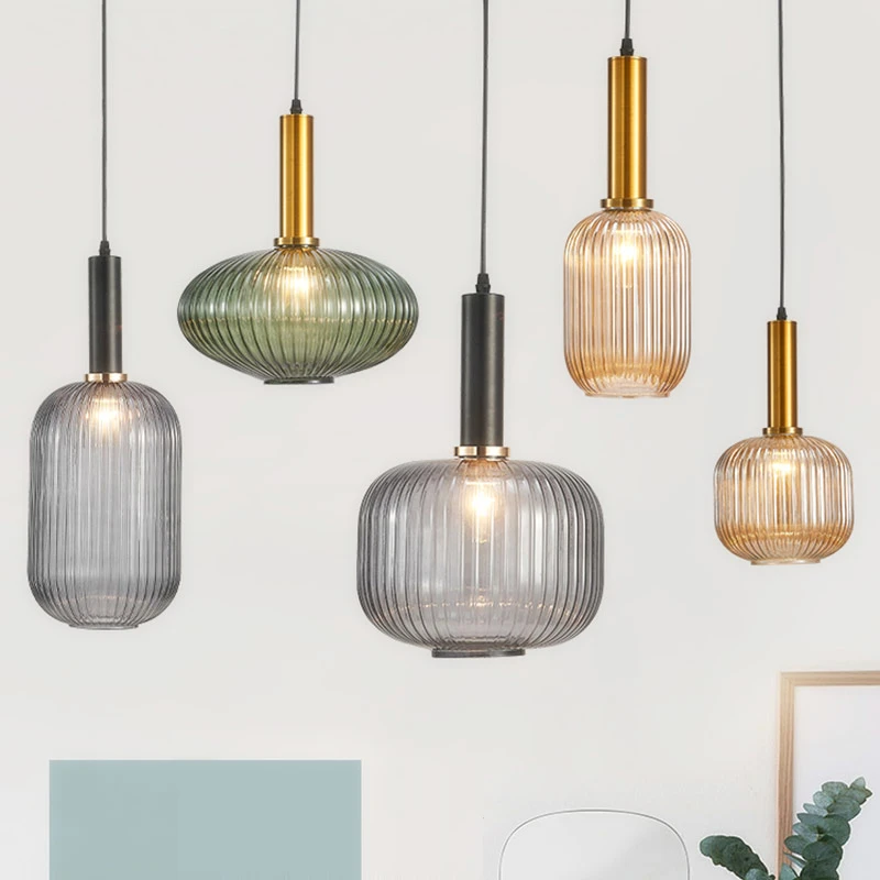 Bedside Hanging lamps Simple glass lighting striped vintage small pendant lamp Electroplated gold green glass droplight loft