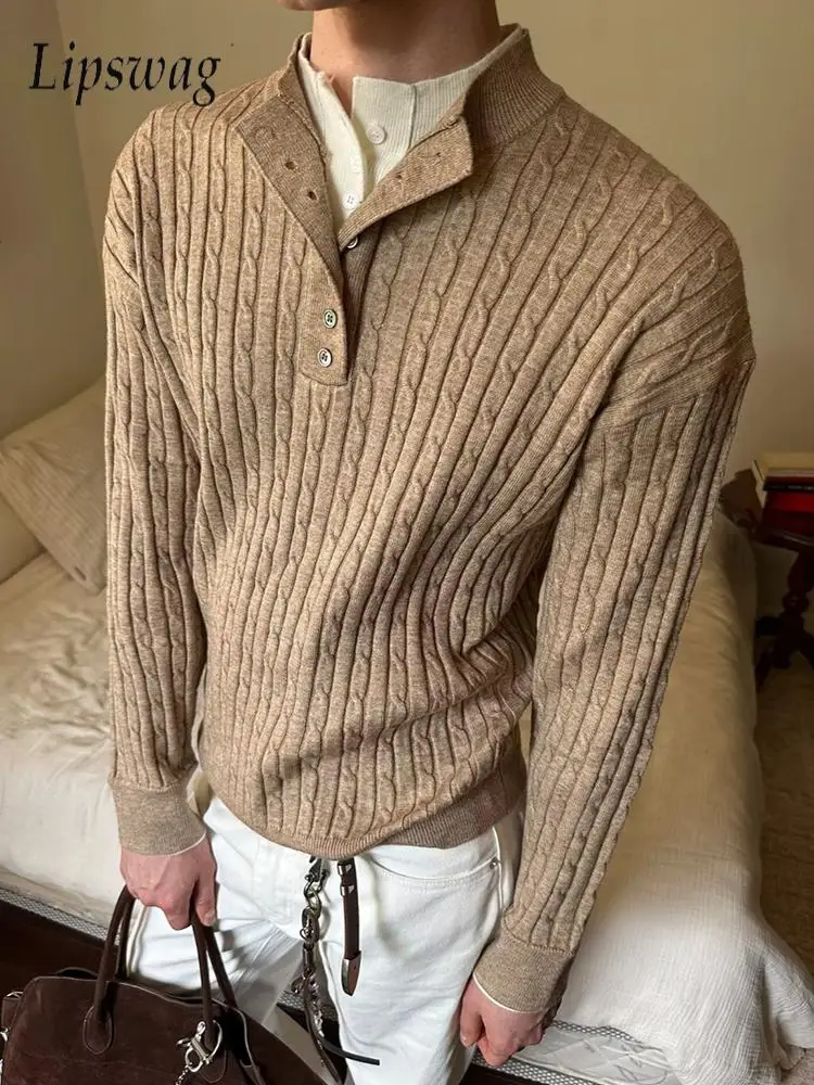 

Patchwork Double-layer Stand Collar Sweater Men Spring Trendy Twist Jacquard Knit Sweaters Vintage Solid Color Mens Slim Jumpers