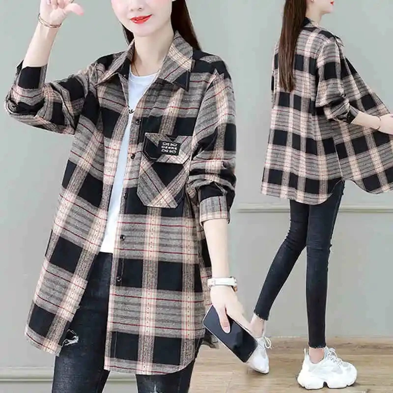 

Spring 2026 Women's Plaid Loose Fit irt Sli Outerwear Slimming Trendy Autumn Initial Versatile Top Korean Sle Button ...