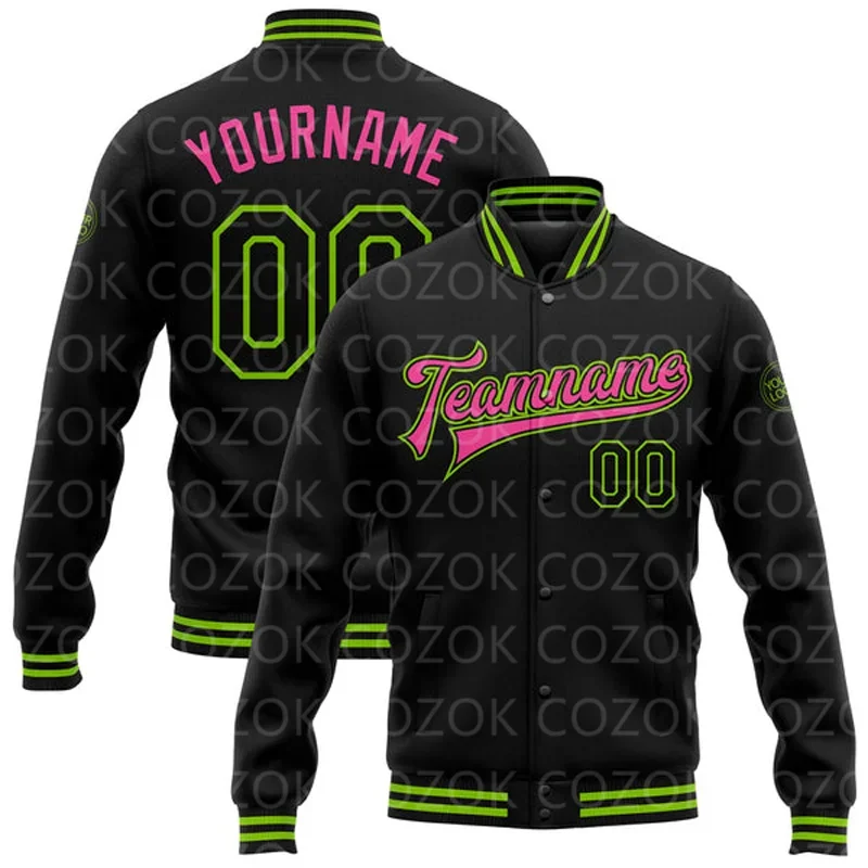 Custom Black Green Pink 3D Printed Baseball Button Jacket Bomber Full-Snap Varsity Letterman Jacket