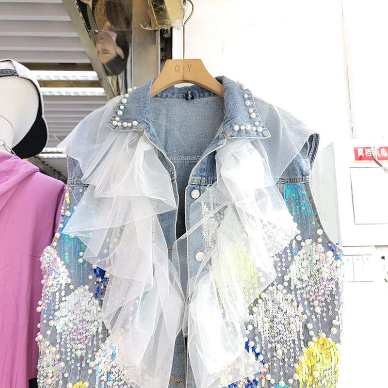 Loose Pearls Beaded Waistcoat Gauze Lace Ruffles Cardigan Tank Tops Diamonds Embroidery Sequins Mesh Spliced Denim Vests