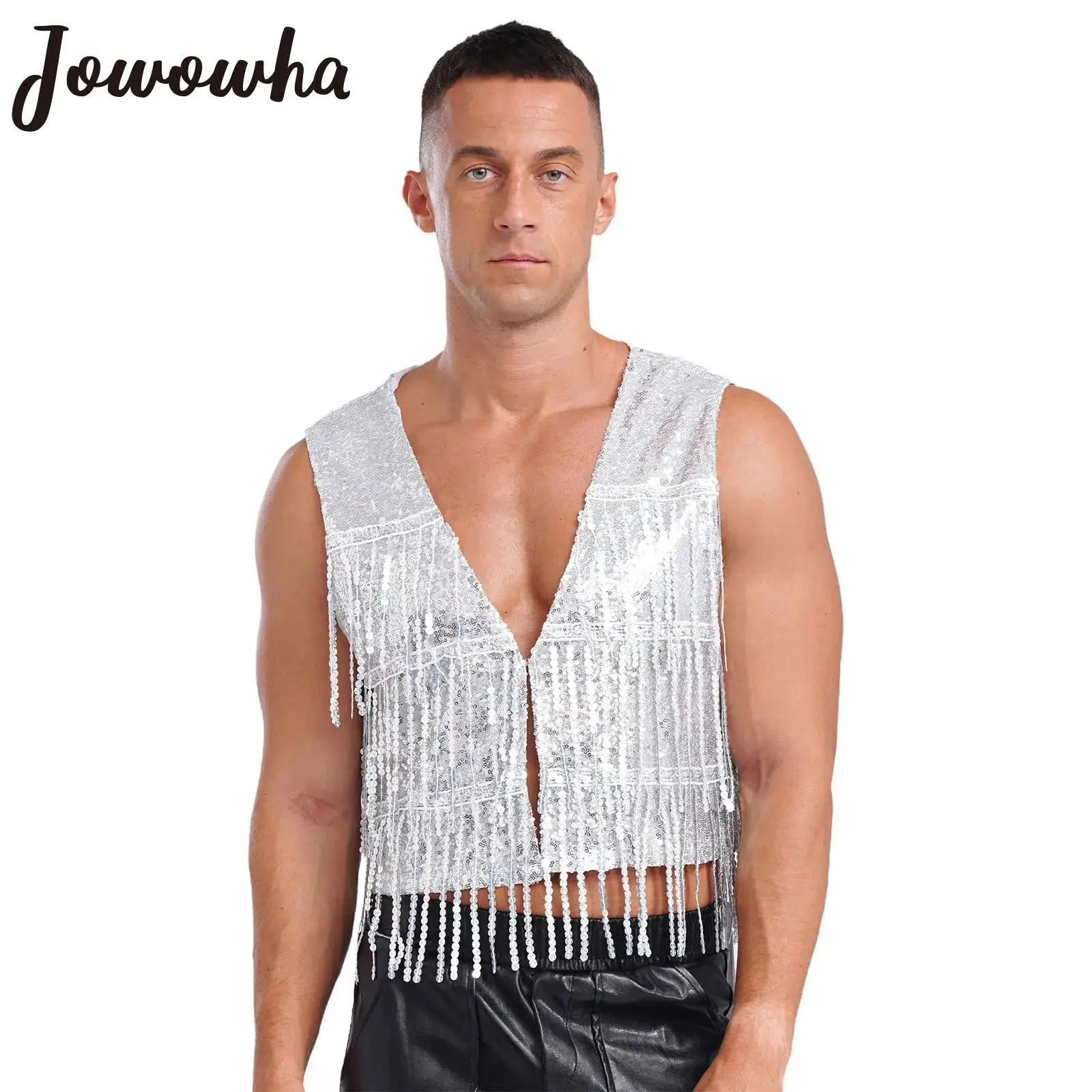 

Womens Shiny Sequins Tassel Vest Sleeveless V Neck Open Front Waistcoat Jazz Dance Music Festival Circus Carnival Party Clubwear