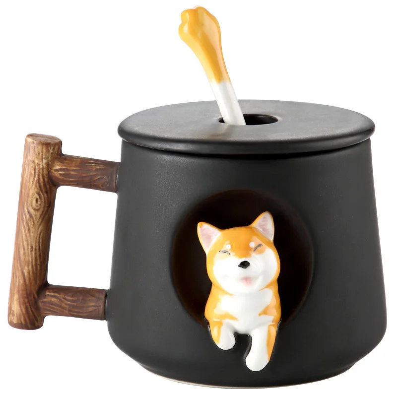 Embossed Corgi Cartoon Ceramic Cup Shiba Inu Cup With Lid Spoon Small Animal Water Cup For Men And Women Gift