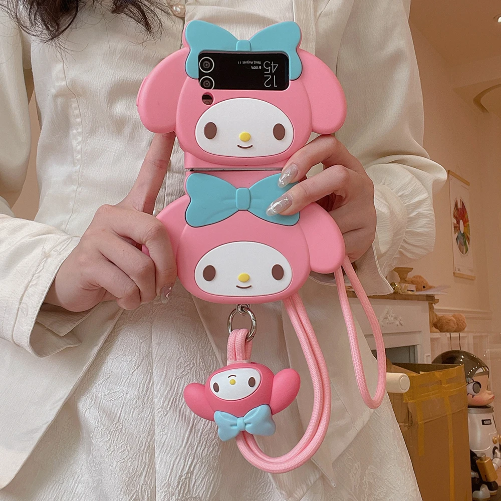 Cute Stereoscopic My Melody with Lanyard Phone Case for Samsung Galaxy Z Flip 3 4 5 5G PC Hard Silicone Anti-drop Back Cover