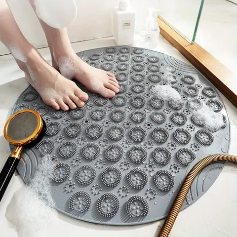 Round Shower Mat,  Non Slip Bath Mat with Suction Cups and Drain Holes