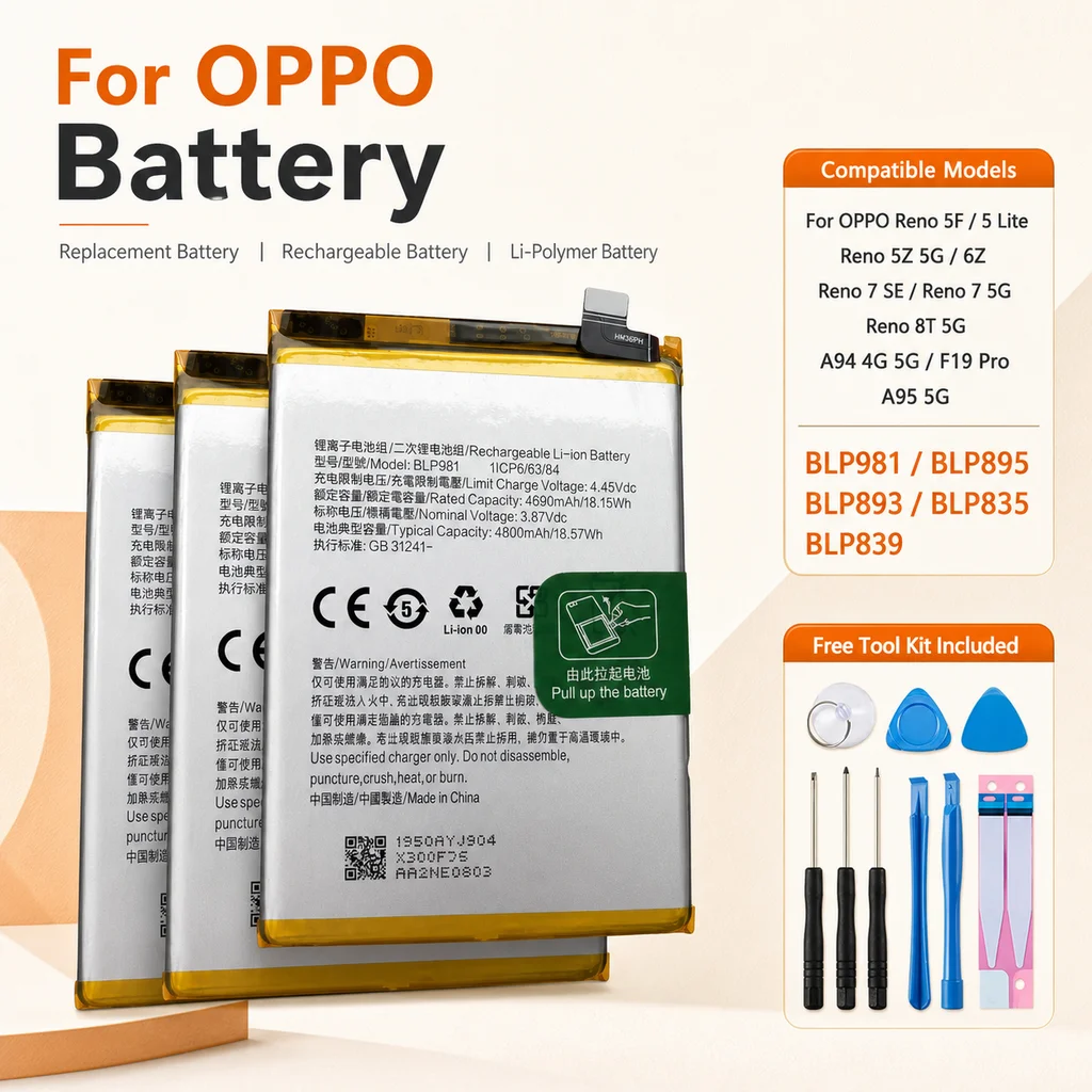 Replacement Battery BLP981 BLP895 BLP893 BLP835 BLP839 For OPPO Reno 5F 5Z 6Z 7 5 Lite 7SE 8T 5G A94 A95 F19 Pro For OnePlus