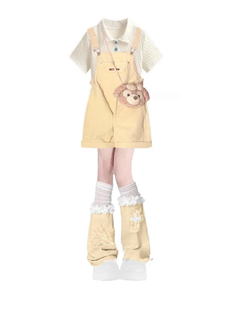 Youthful plus Size Summer Outfit Women's College Sle ort Sve T-irt with Dopne Slimming Denim Overalls Two Piece Set