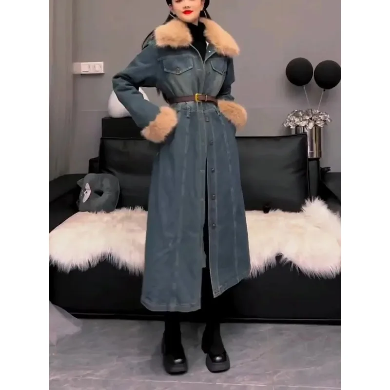 Jaket Mantel Katun Koboi Tambal Sulam Wol Domba Wanita Mantel Panjang Baru Musim Dingin Mantel Musim Dingin Mode Nyaman Wanita