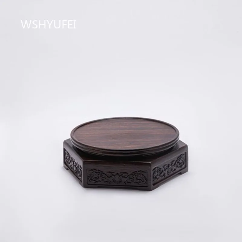 Rotatable Solid Wood Display Base Hexagon Carved Wooden Stand For Vase Teapot Statue Ornament Home Decoration Crafts