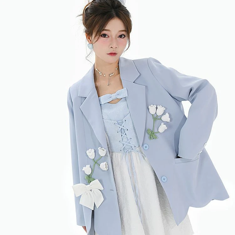 Sweet Fresh Literary Style Blazers Coats Women\'s High-end Three-dimensional Flower Bow Casual Slimming Temperament Suit Jackets