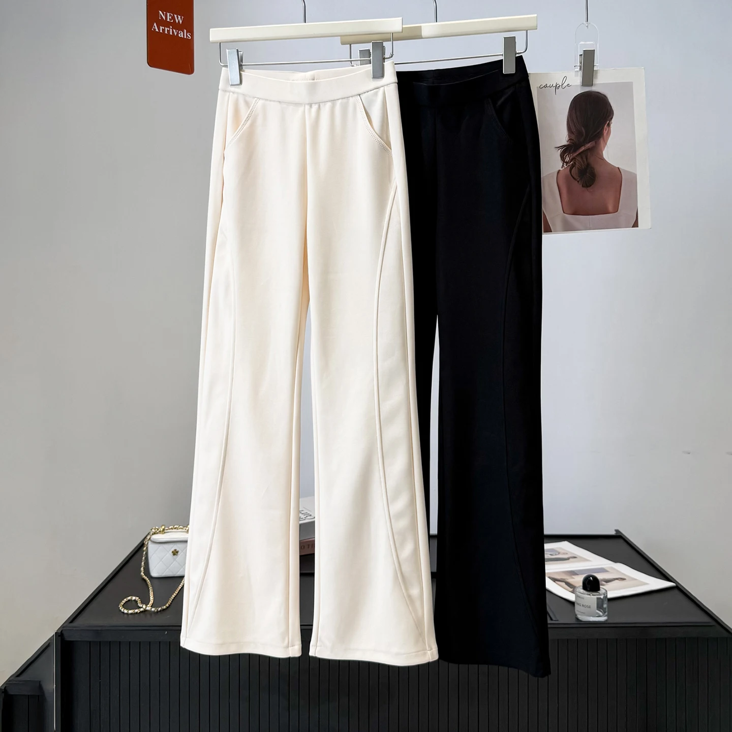 Slimming High Waist Flared Casual Pants Women's Elastic Anti-Wrinkle Polyester Fiber Commute Style Autumn Fashion Ladies' Pants