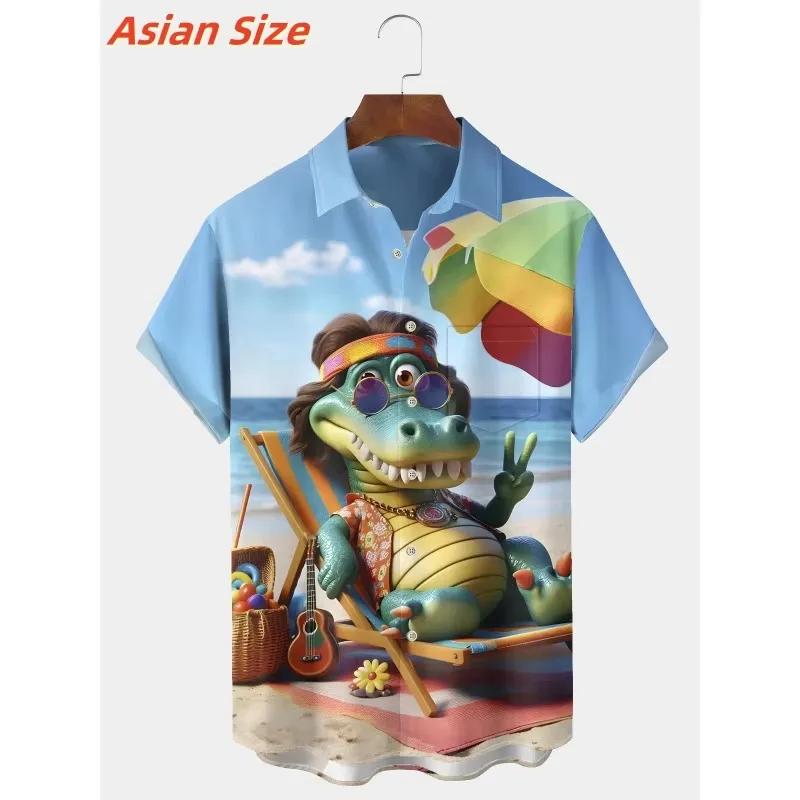 Chicken Cow Dog Pattern Lapel Shirt For Men Fun Animal 3D Print Hawaiian Shirts Fashion Short Sleeve Tops Harajuku Button Blouse