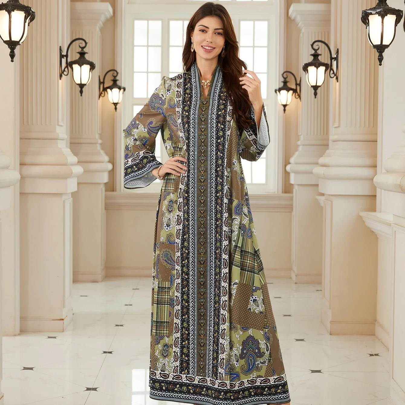 

Ид праздничное платье Абая женское с v-образным вырезом Джалабия с принтом бриллиантов мусульманское Дубай Vestidos Largo Рамадан Марокко Молитва Кафтан халат 2026