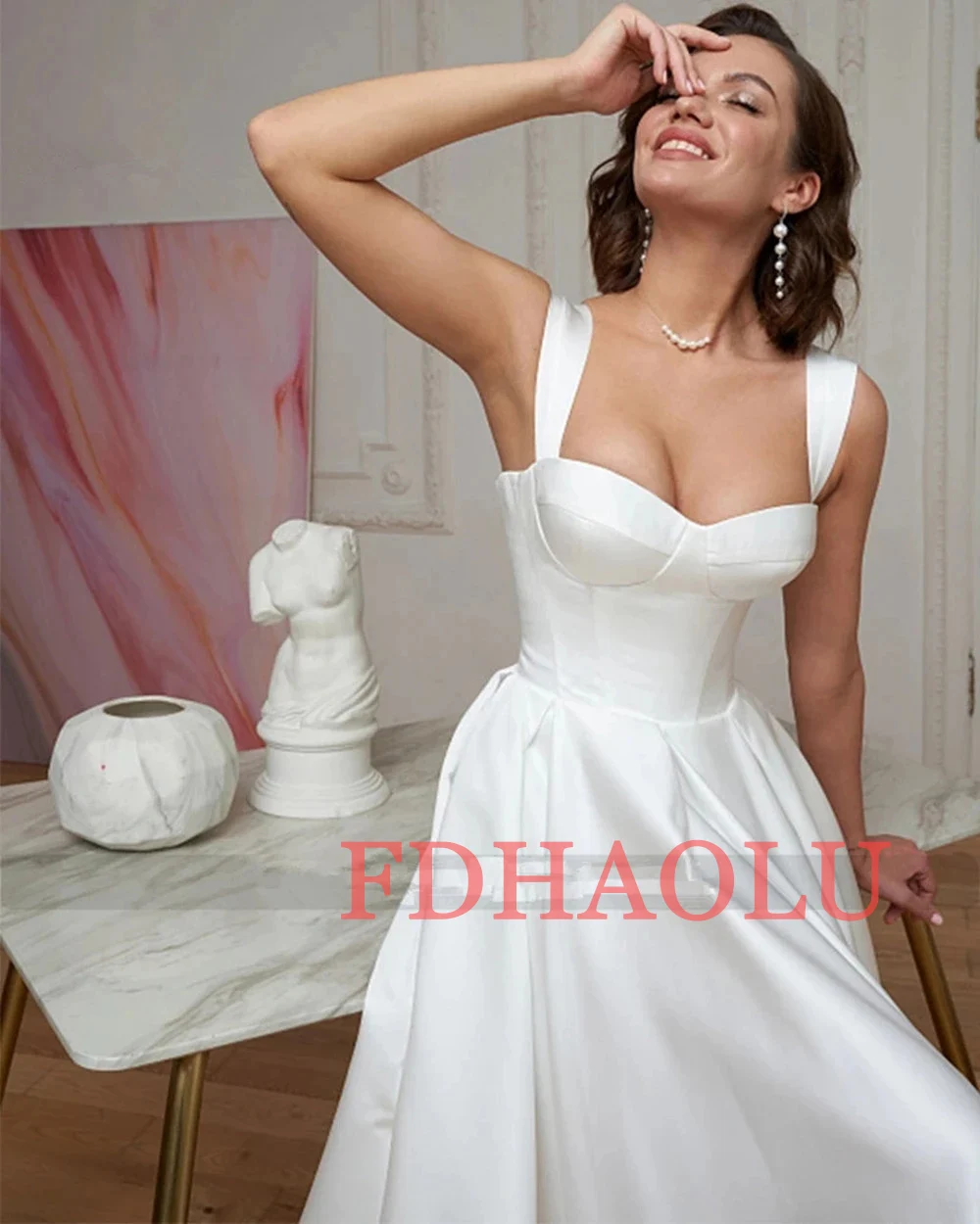 FDHAOLU LO2045 Custom Made Simple Evening Dresses Spaghetti Straps Prom Party Dress White Tea-Length Bridal Gowns Lace-Up Back