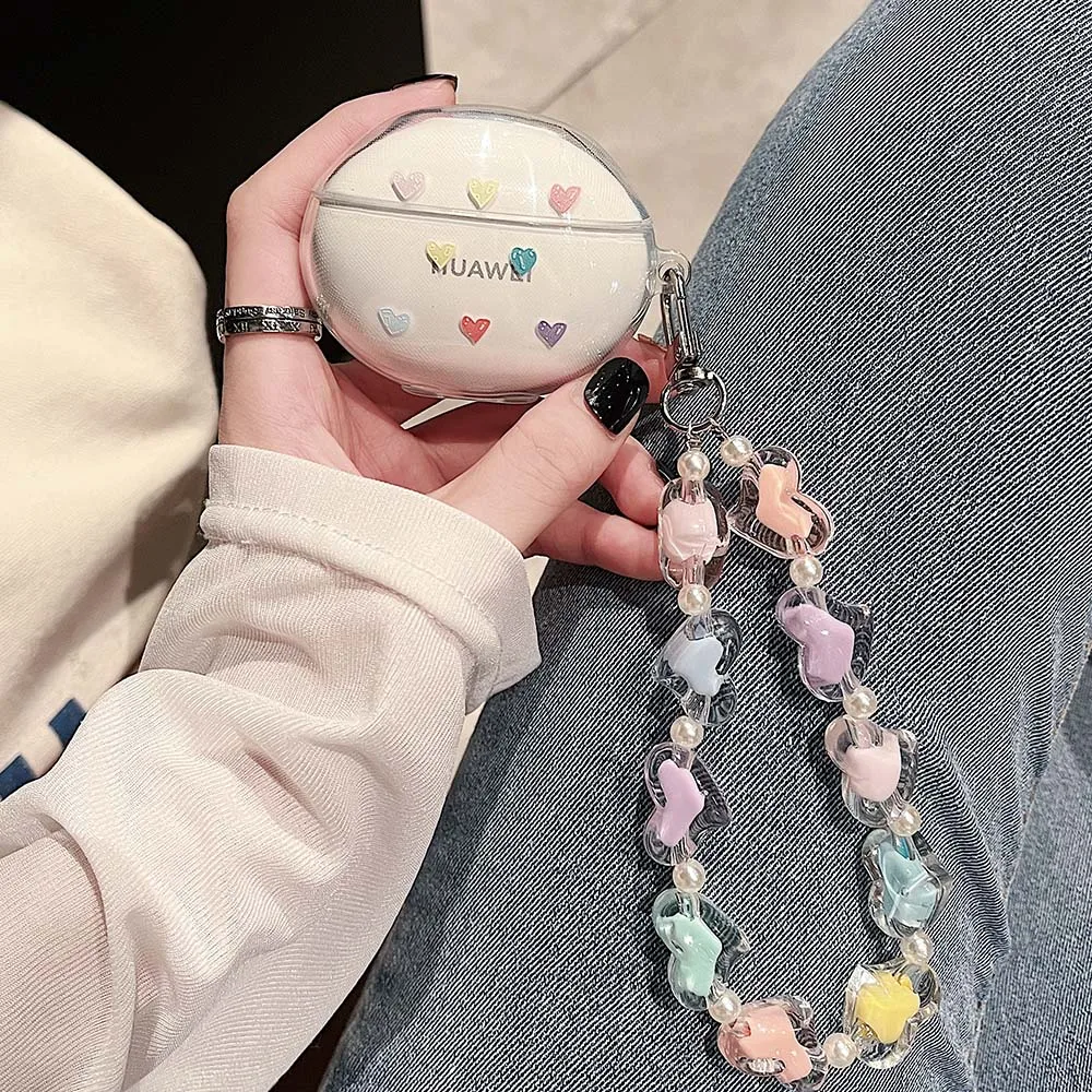 سيليكون سوار الحبل الحال بالنسبة لهواوي Freebuds 5i 4 برو 3 4i شفافة القلب لون الحلوى حالة سماعة شحن غطاء صندوق