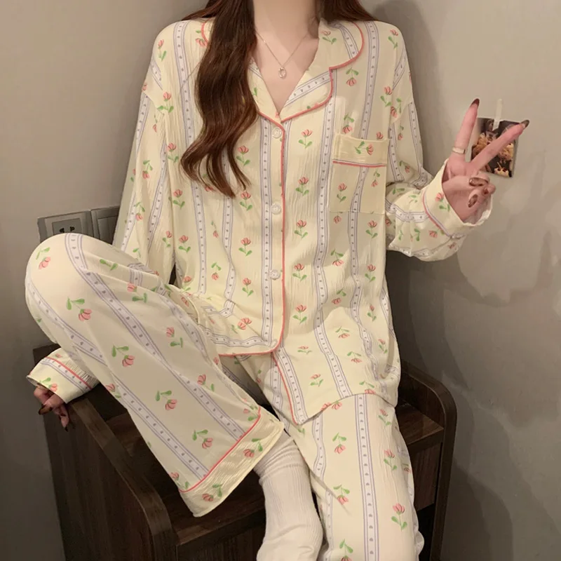 Sweet Retro-Style Rose-Print Pajamas for Women: Spring/Fall Luxury-Feel Long-Sleeve Cardigan Loungewear Set in Plus Sizes