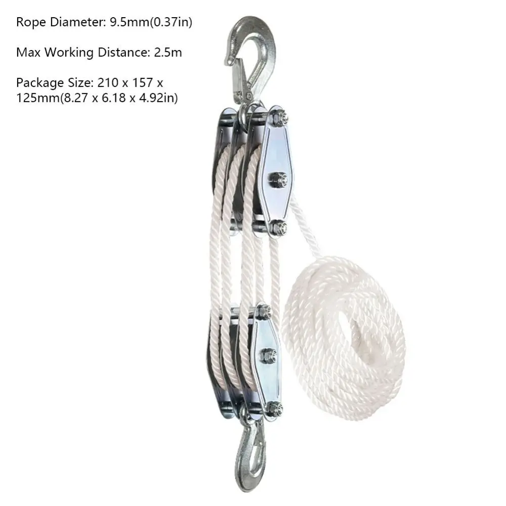 1Pcs 270 Degree Rotatable Rope Pulley Block Zinc Alloy Hook Heavy Duty Rope Pulley Hoist 9.5mm Rope Diameter Polyethylene Rope
