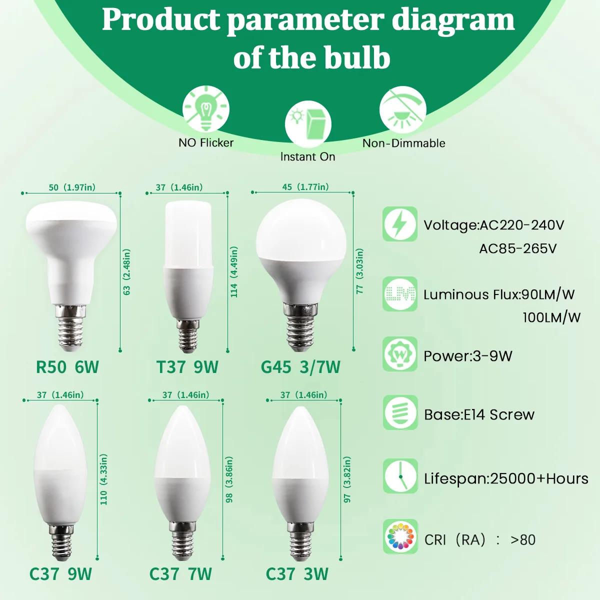 6pcs Bombilla Led E14 Bulb C37 G45  T37 R50 Lamps AC220V-240V No Flicker RA80+ Warm Lighting for Bedroom Energy Saving Bulbs