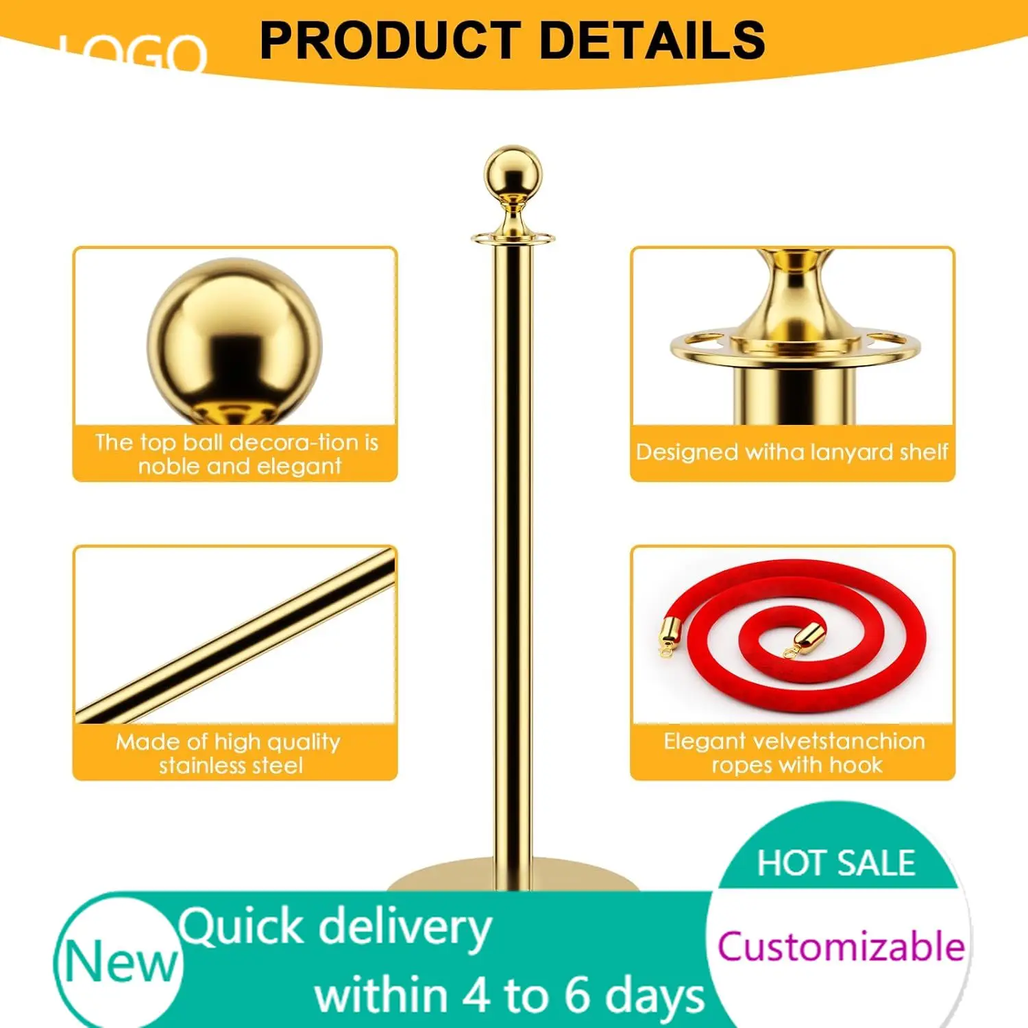 8 PCS Stainless Steel Stanchion Post Queue 5 ft Red Velvet Rope and Poles Crowd Control Barriers for Carpet Themed