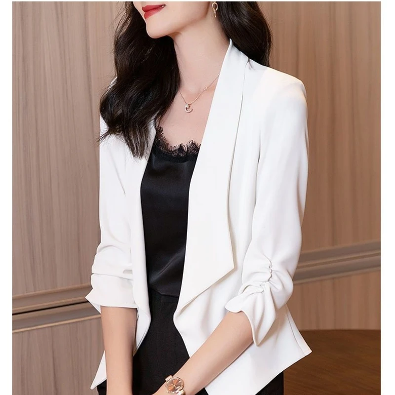 2024 New Spring and Autumn Commuting Minimalist Versatile Chiffon Three Quarter Slim Fit Solid Color Lapel Women\'s Coat Top