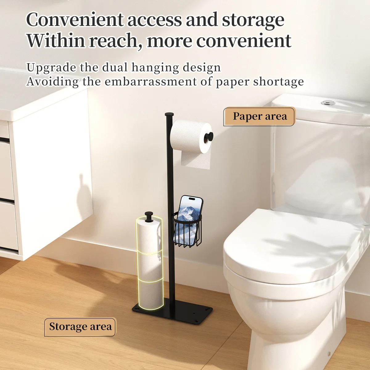 Floor Standing Toilet Paper Holder - Bathroom Tissue Stand with Toilet Brush Holder, Multi-Function Bathroom Organizer
